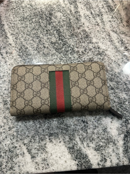 Gucci Handbags - Gucci Beige GG Canvas Zip-Around Wallet with Green and Red Stripe